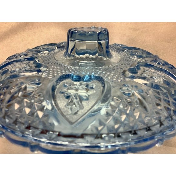 Indiana Glass Aqua Lidded Candy Dish, Heart and Flowers Pattern - Picture 4 of 11